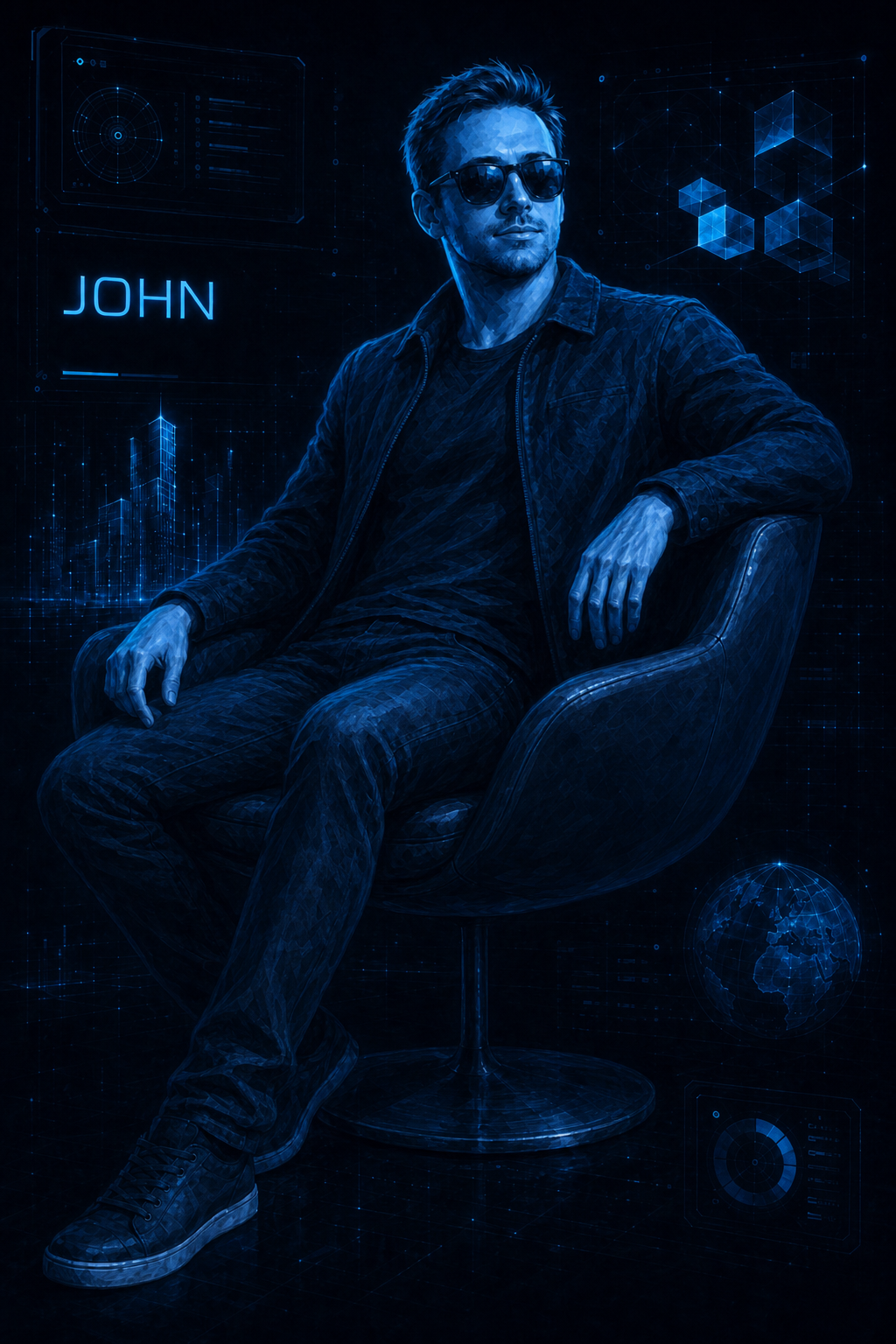 Stylized full-body portrait of John Barbour, co-founder of MECE TECH