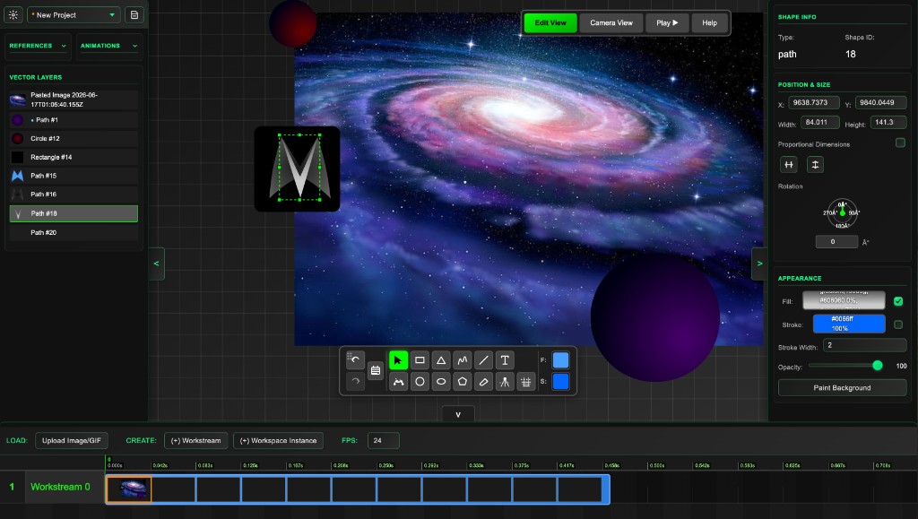 Vectorizer editor showing vector layers, shape styling controls, and an animation timeline over a galaxy background